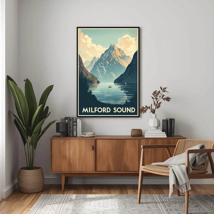 Living room with a 'Milford Sound' framed picture on the wall, wooden cabinet, and chair.