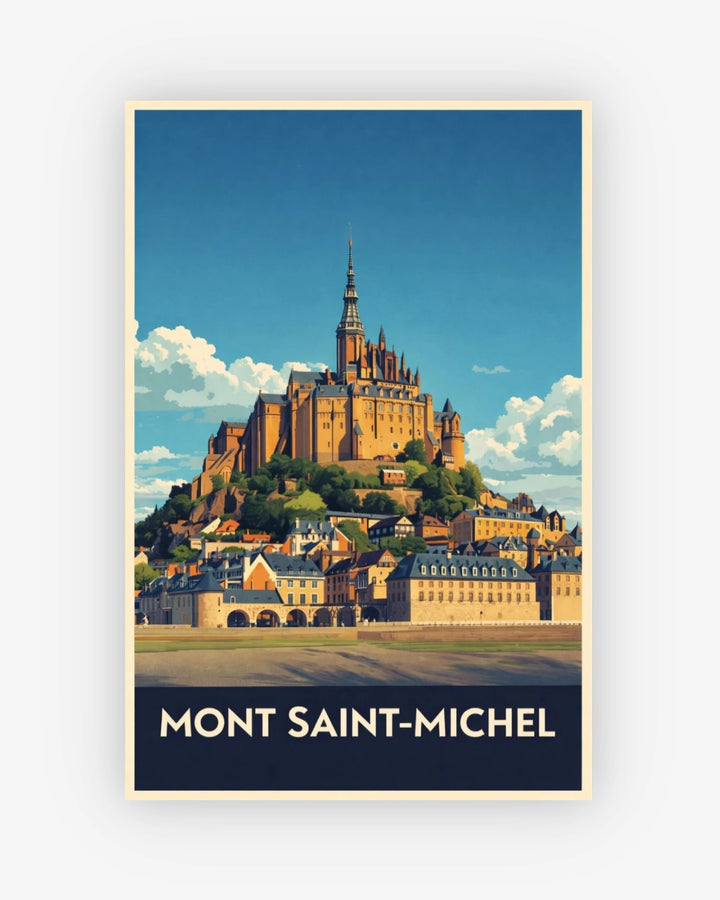 Poster of Mont Saint-Michel with a blue sky and white clouds.