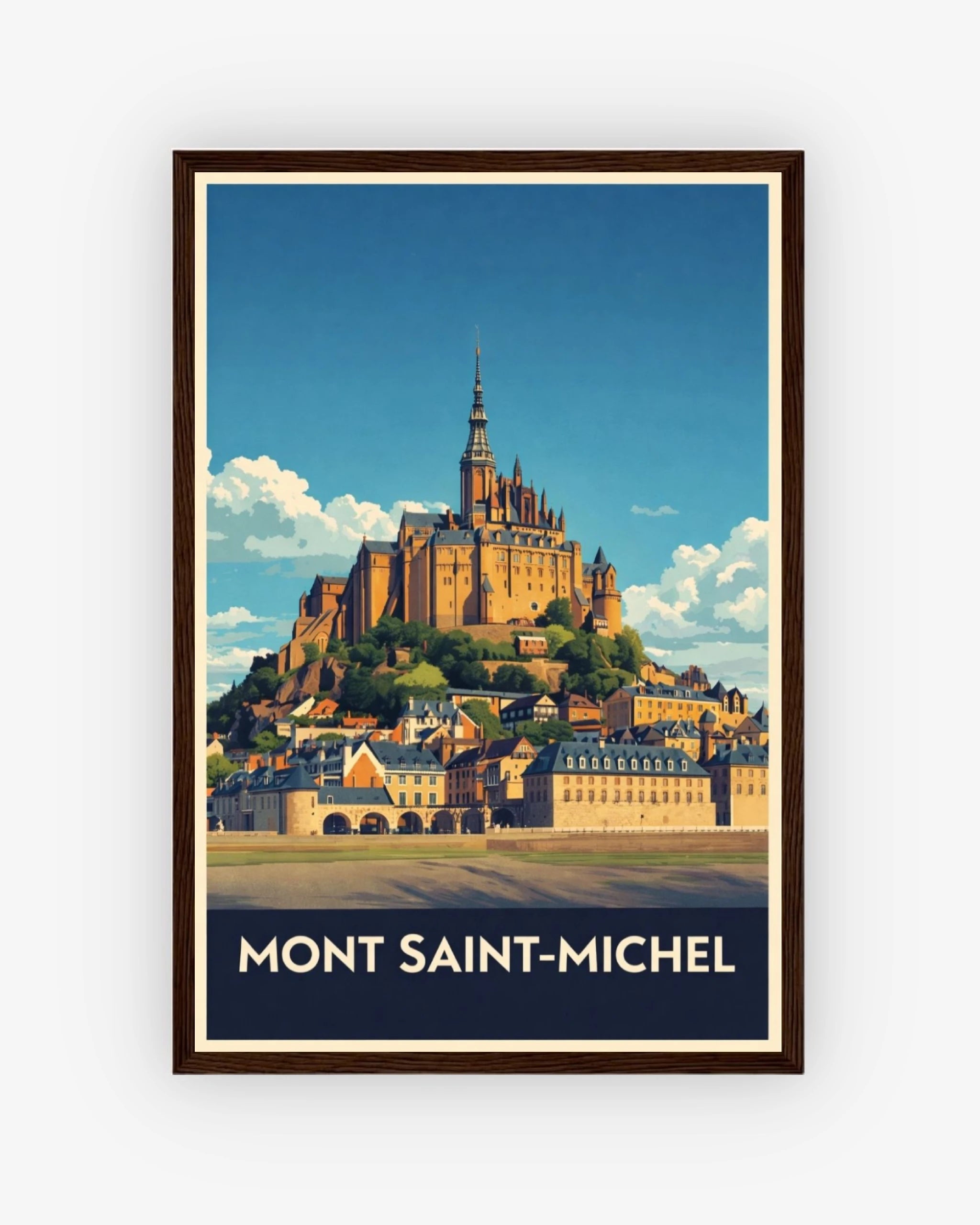 Mont Saint-Michel travel poster with dark wood frame