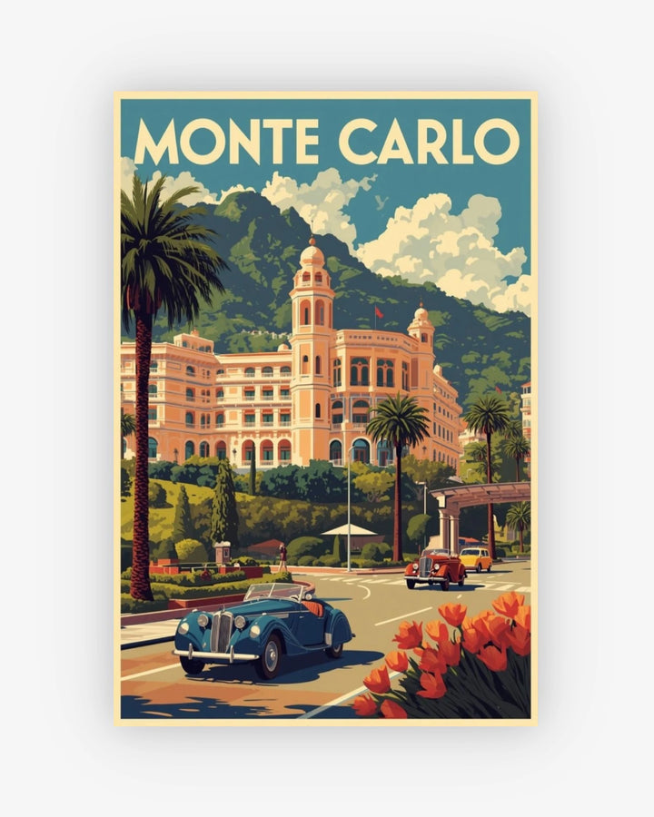 Vintage-style poster of Monte Carlo with a building, cars, and palm trees.
