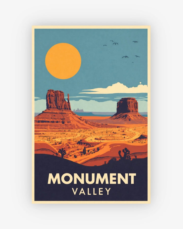 Poster of Monument Valley with a blue sky, orange sun, and red sandstone formations.
