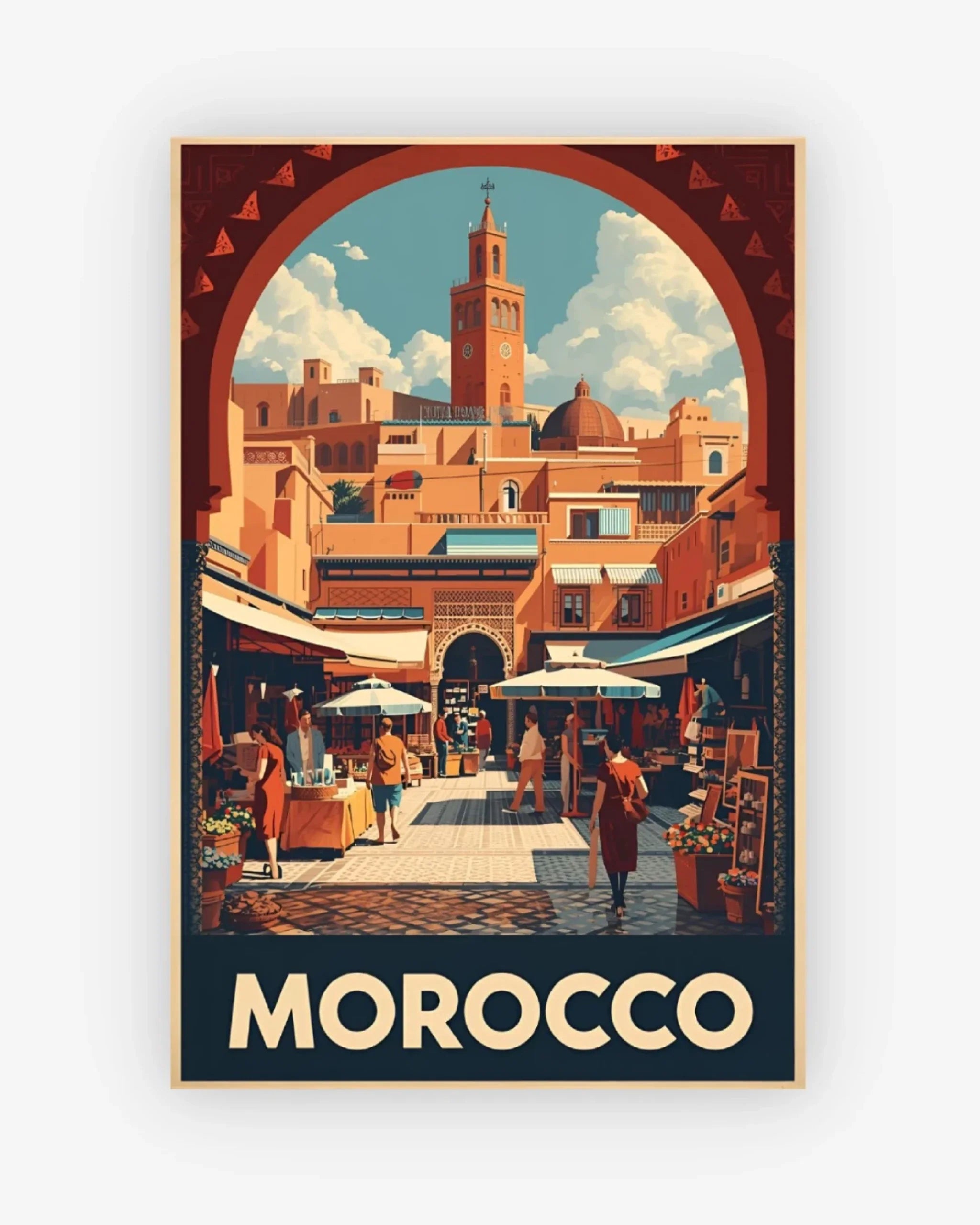 Vintage-style poster of a Moroccan marketplace with 'Morocco' text.