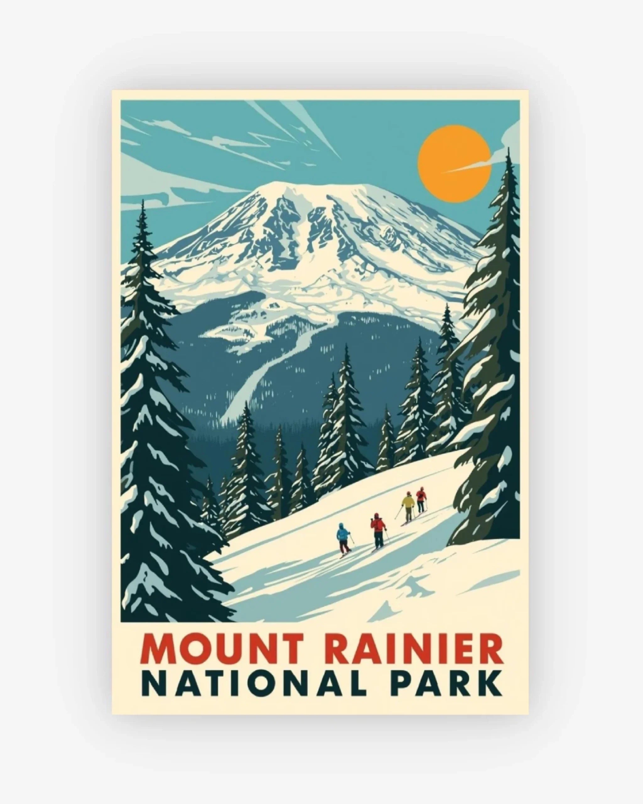 Vintage-style poster of Mount Rainier National Park with skiers on a snowy trail.