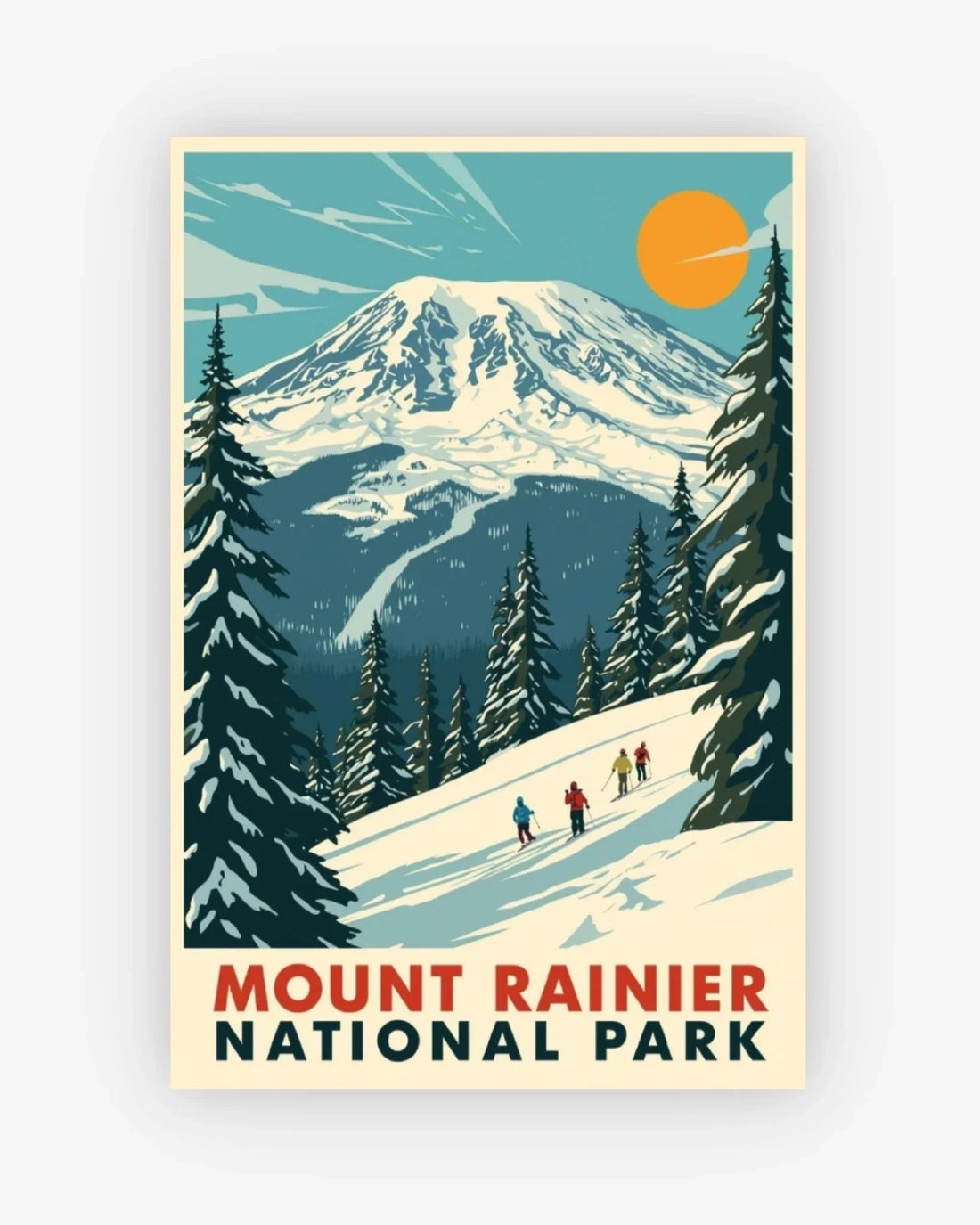 Vintage-style poster of Mount Rainier National Park with skiers on a snowy trail.