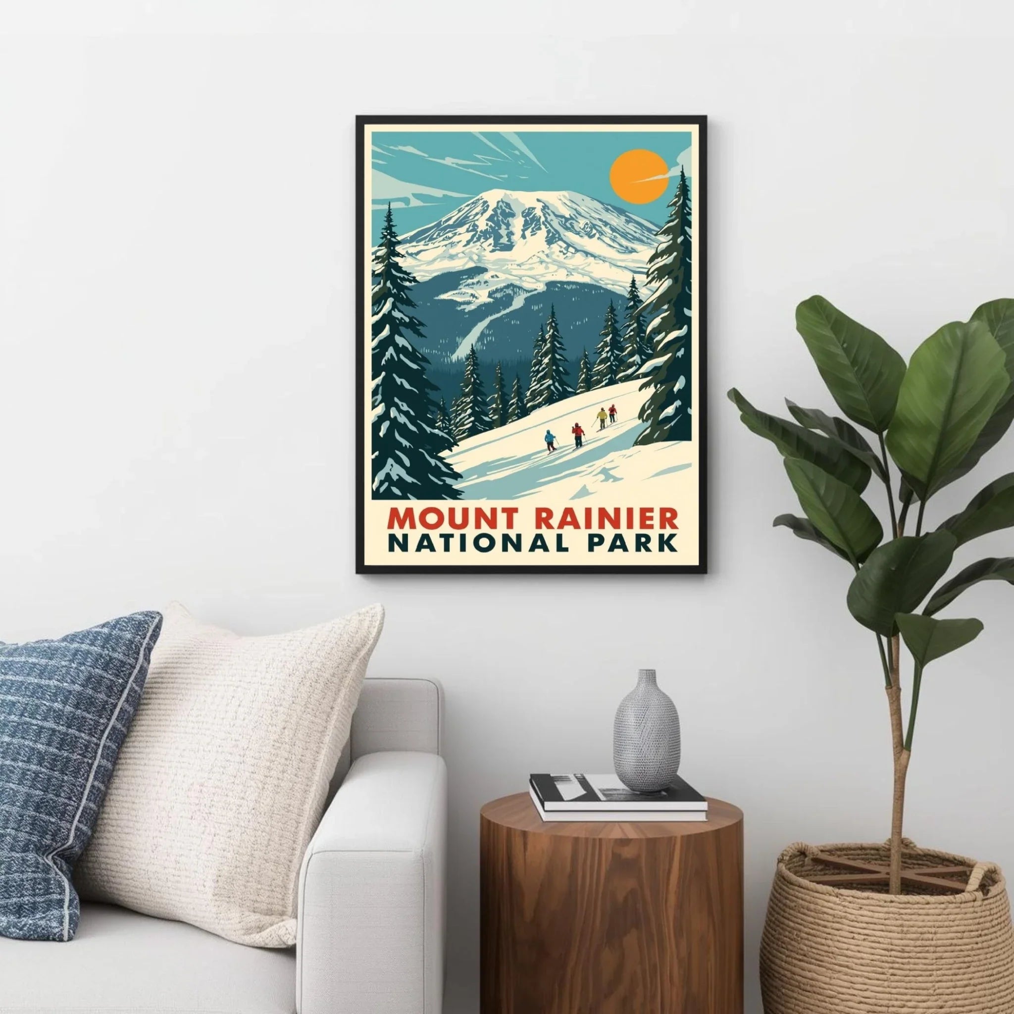 Framed poster of Mount Rainier National Park in a living room setting with a couch and plant.
