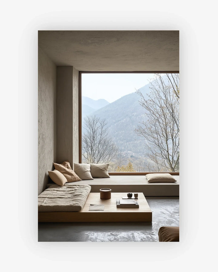 Modern living room with a large window view of mountains