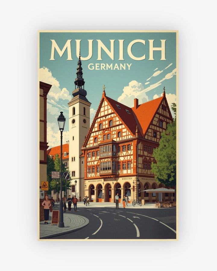 Vintage-style poster of Munich, Germany with a building and street scene.