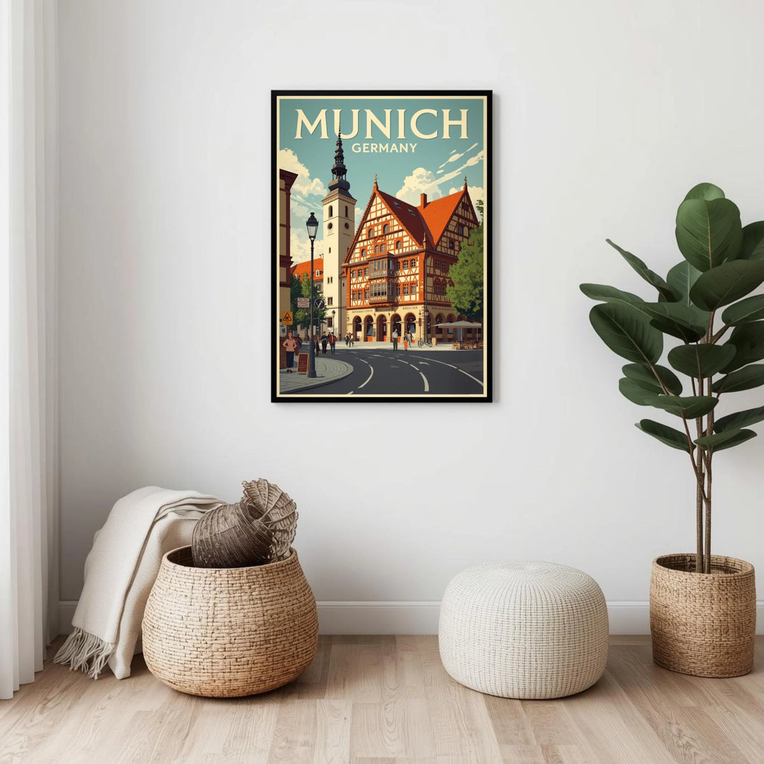 Framed poster of Munich, Germany in a room with decor elements.
