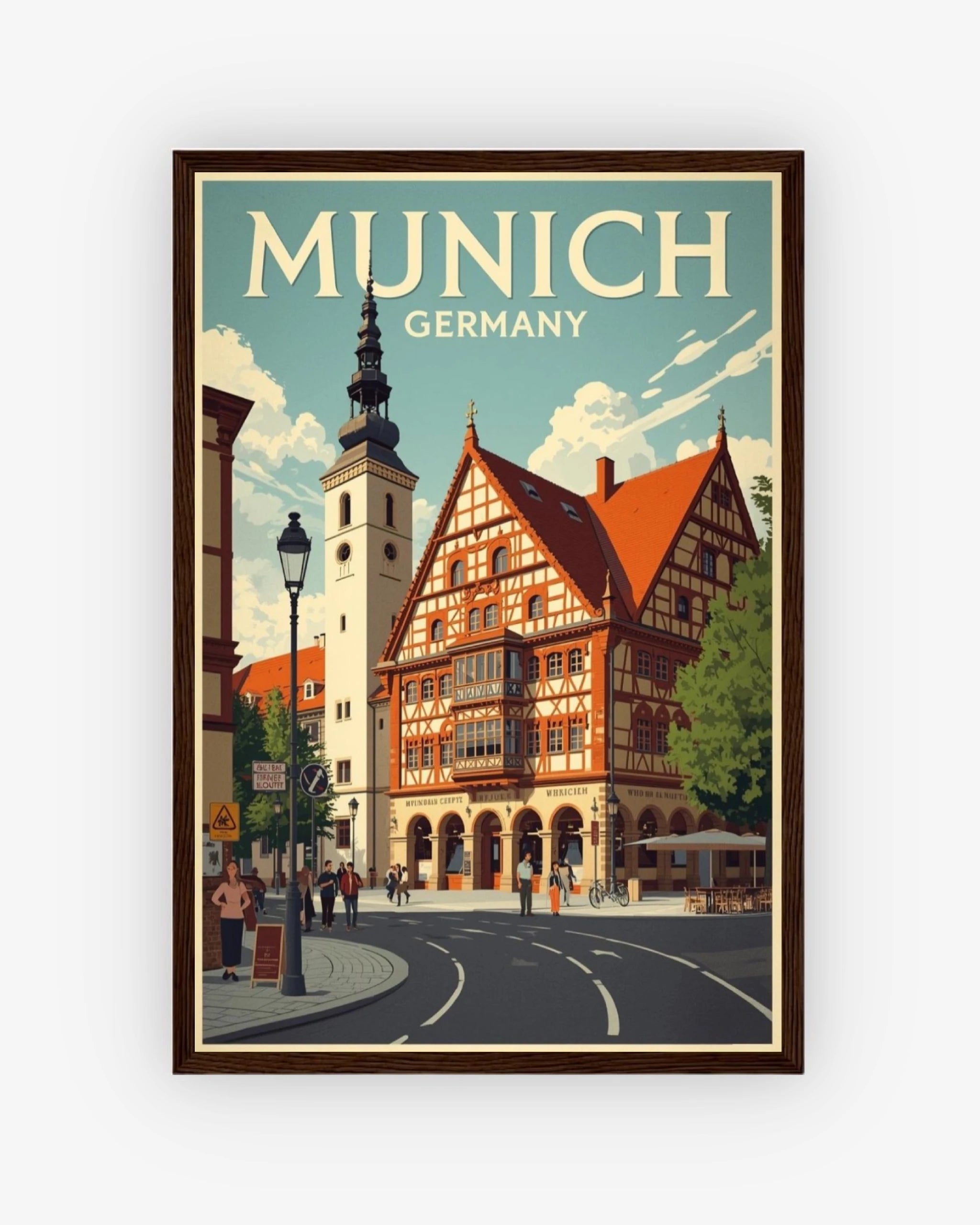 Munich Germany travel poster with dark wood frame