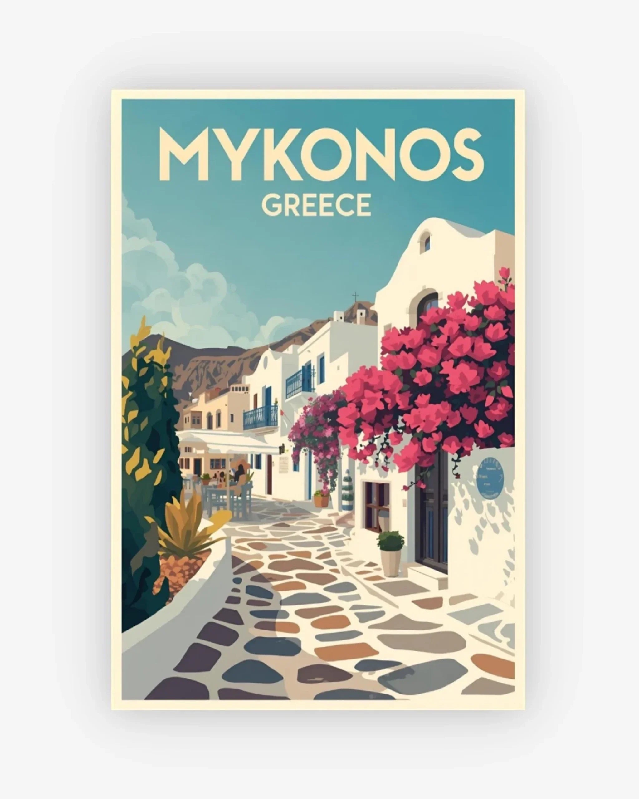 Poster of Mykonos, Greece with a street scene and flowers.