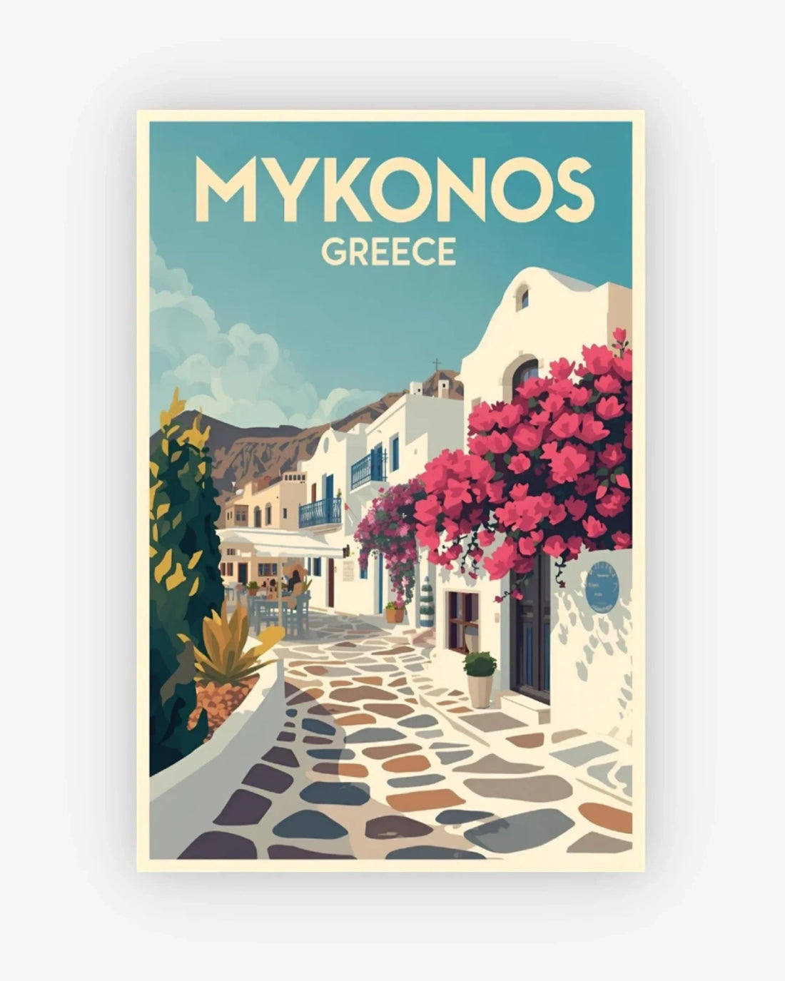 Poster of Mykonos, Greece with a street scene and flowers.