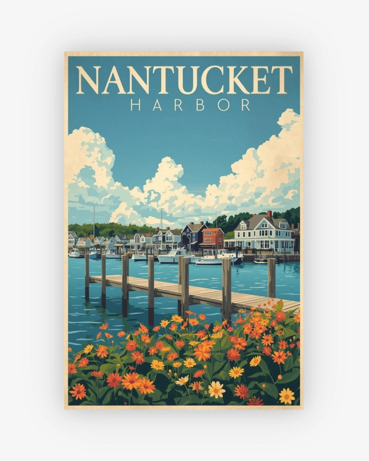 Poster of Nantucket Harbor with a dock, houses, and flowers.