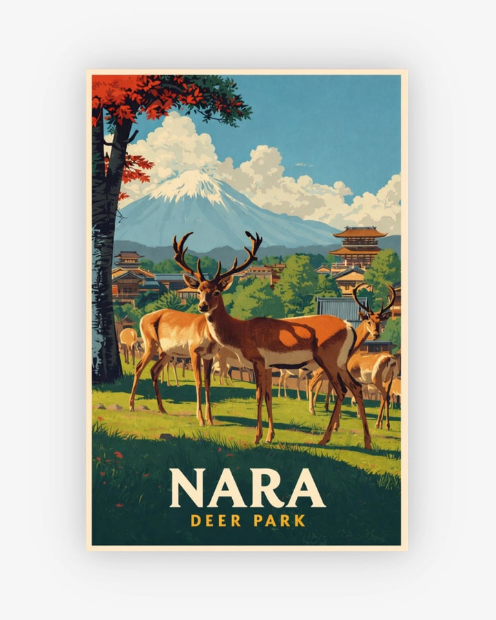 Vintage-style poster of deer in Nara Park with Mount Fuji in the background