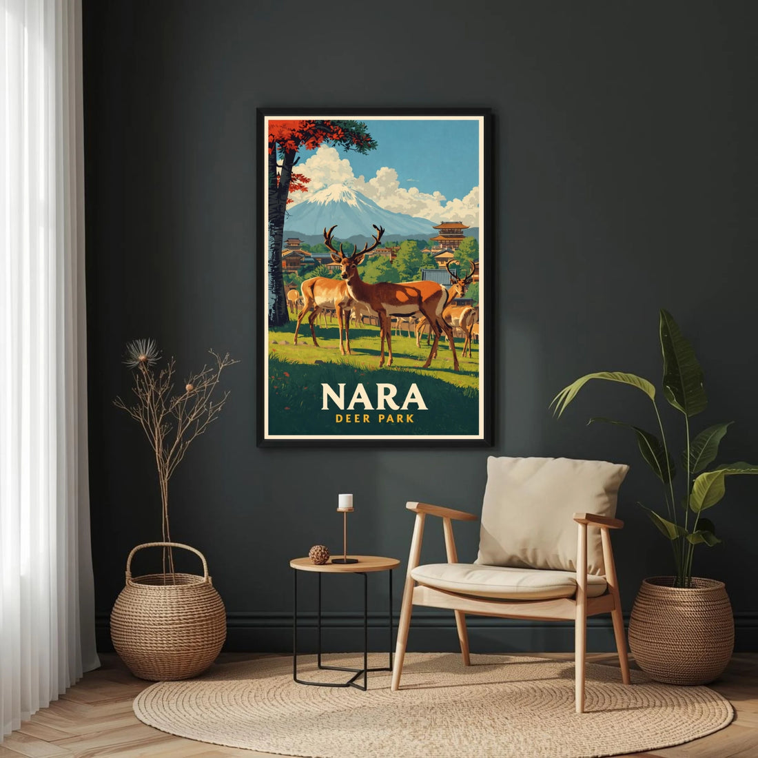 Framed artwork of deer in Nara Park on a dark wall above a chair.