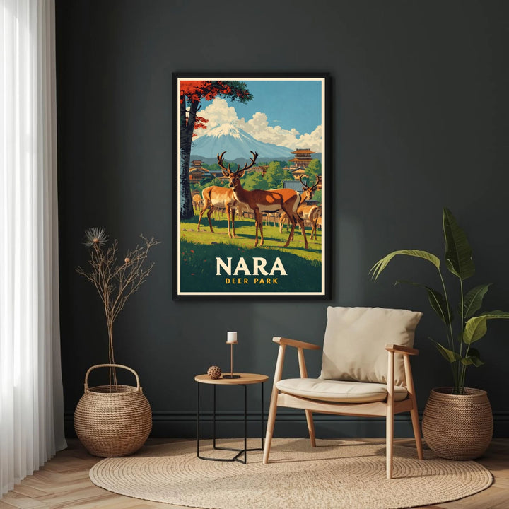Framed artwork of deer in Nara Park on a dark wall above a chair.