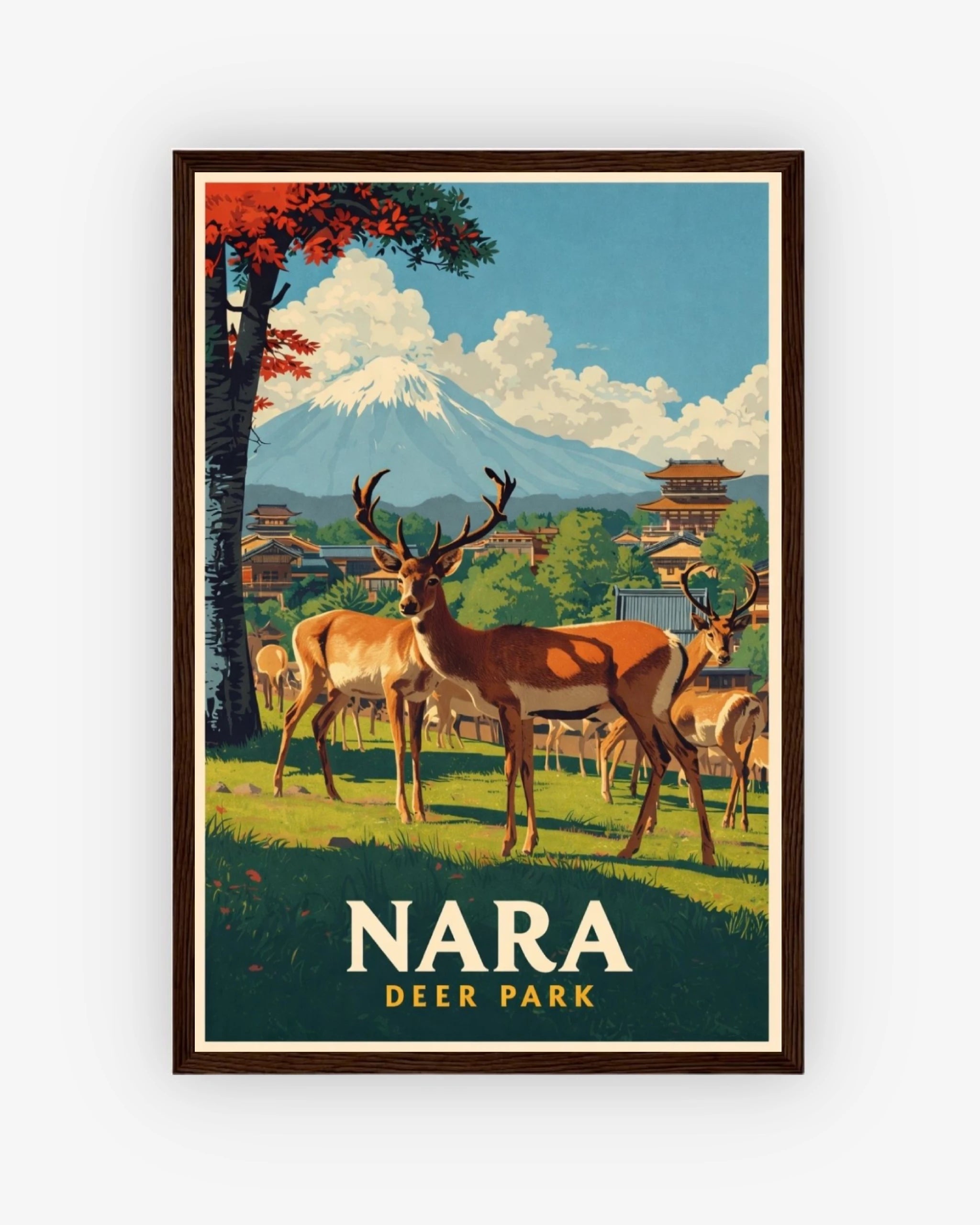 Nara Deer Park travel poster with dark wood frame