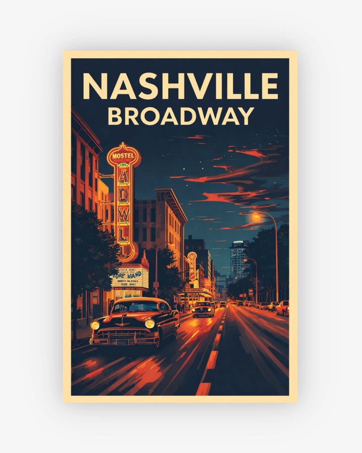Poster of Nashville Broadway with vintage cars and neon signs.