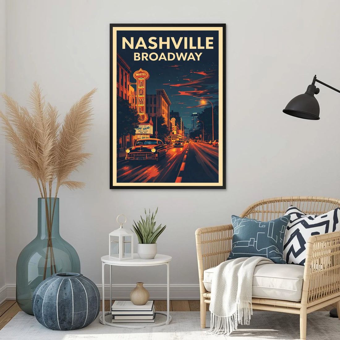 Living room with Nashville Broadway poster on the wall, decorative plants, and a couch.