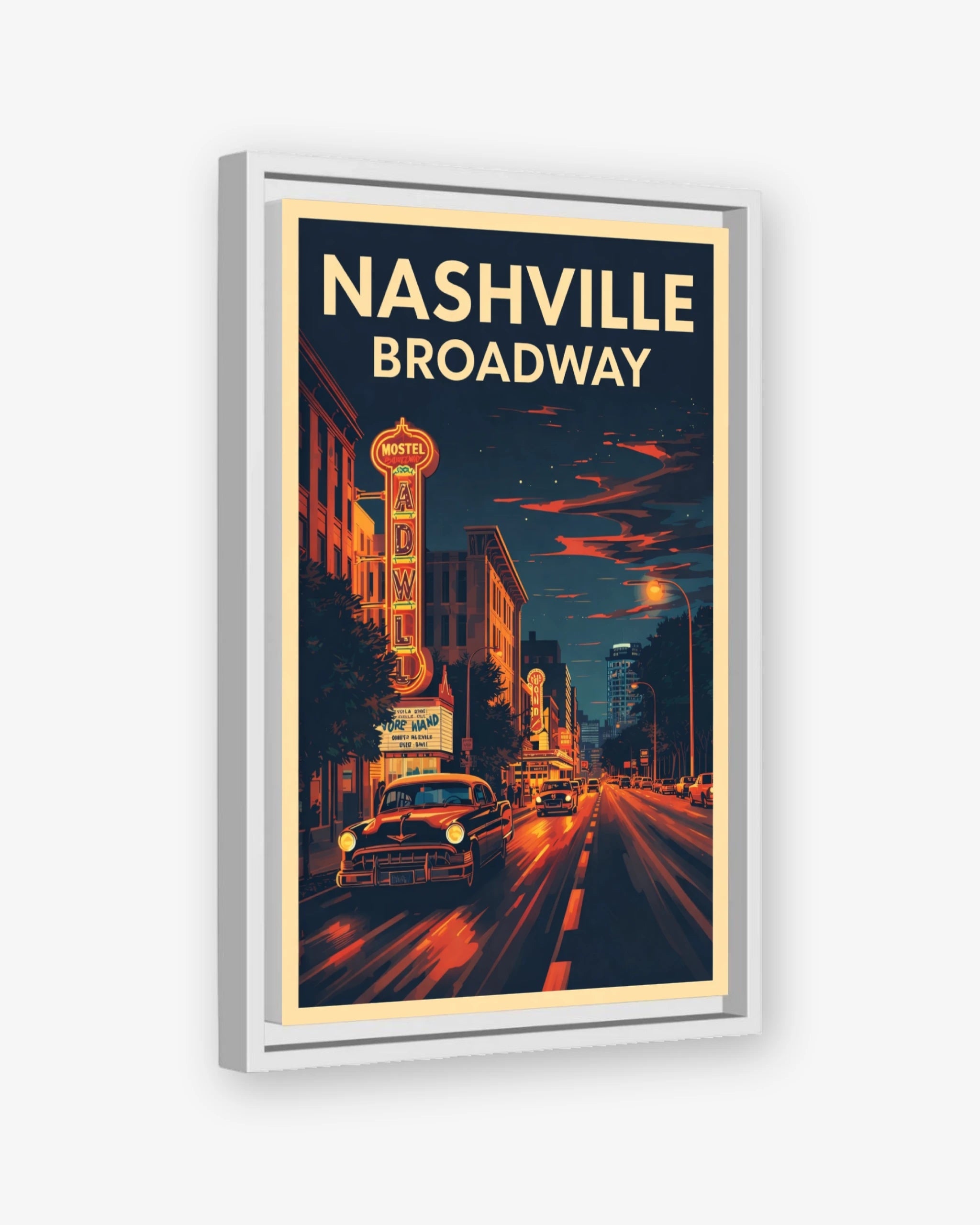 Nashville Broadway travel poster white framed canvas