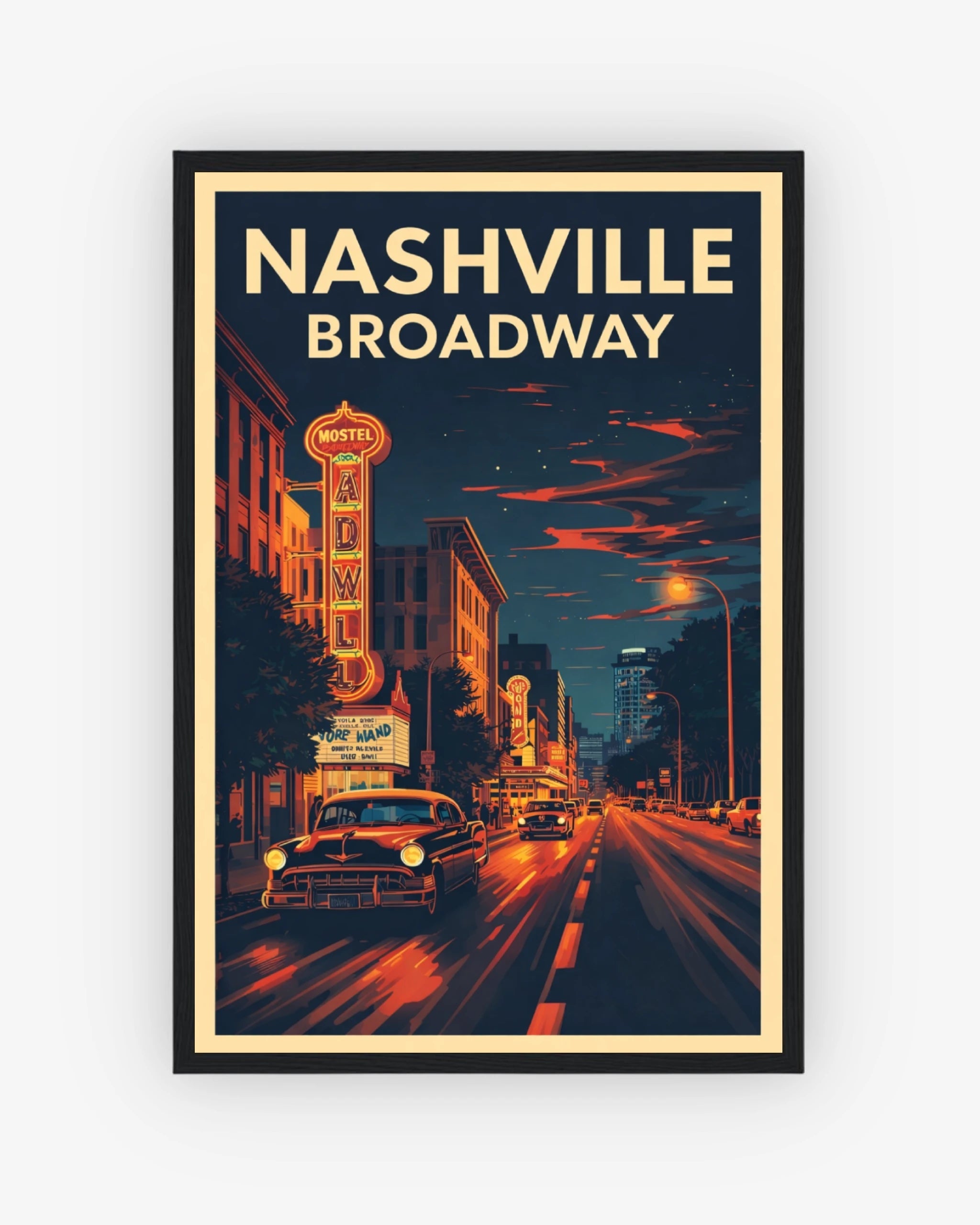 Nashville Broadway travel poster with black frame