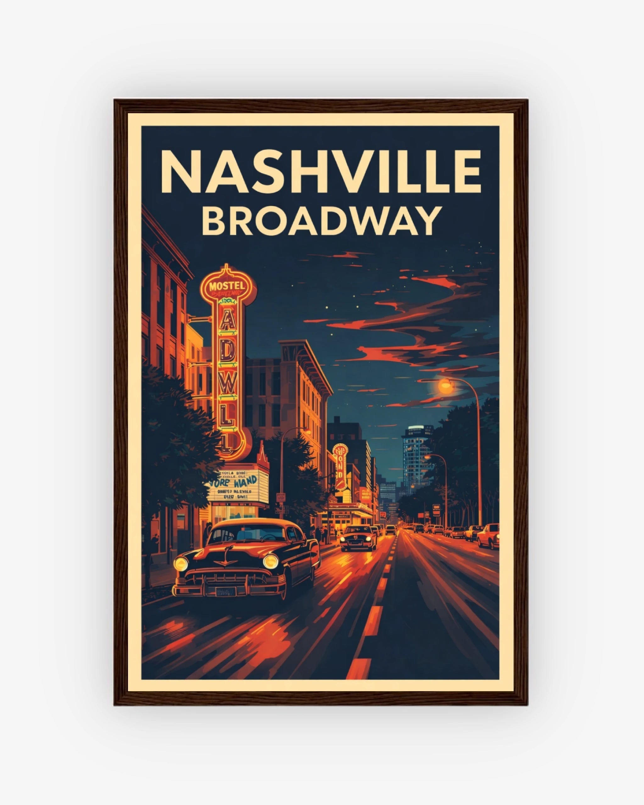 Nashville Broadway travel poster with dark wood frame