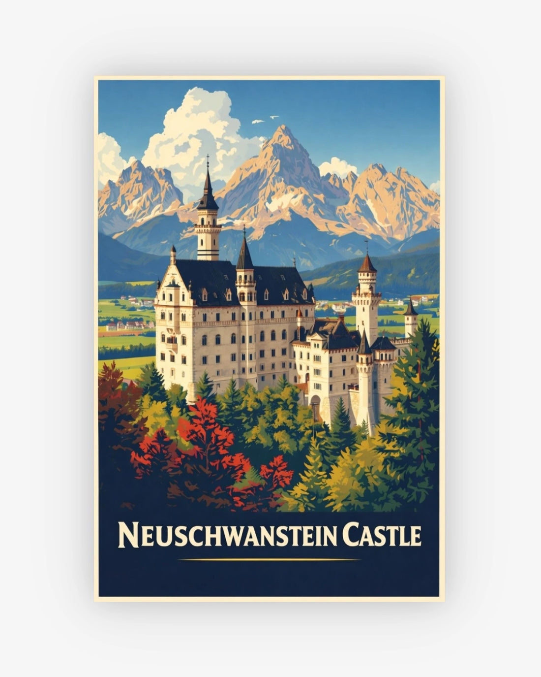 Vintage-style poster of Neuschwanstein Castle with mountains in the background