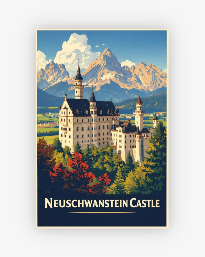 Vintage-style poster of Neuschwanstein Castle with mountains in the background