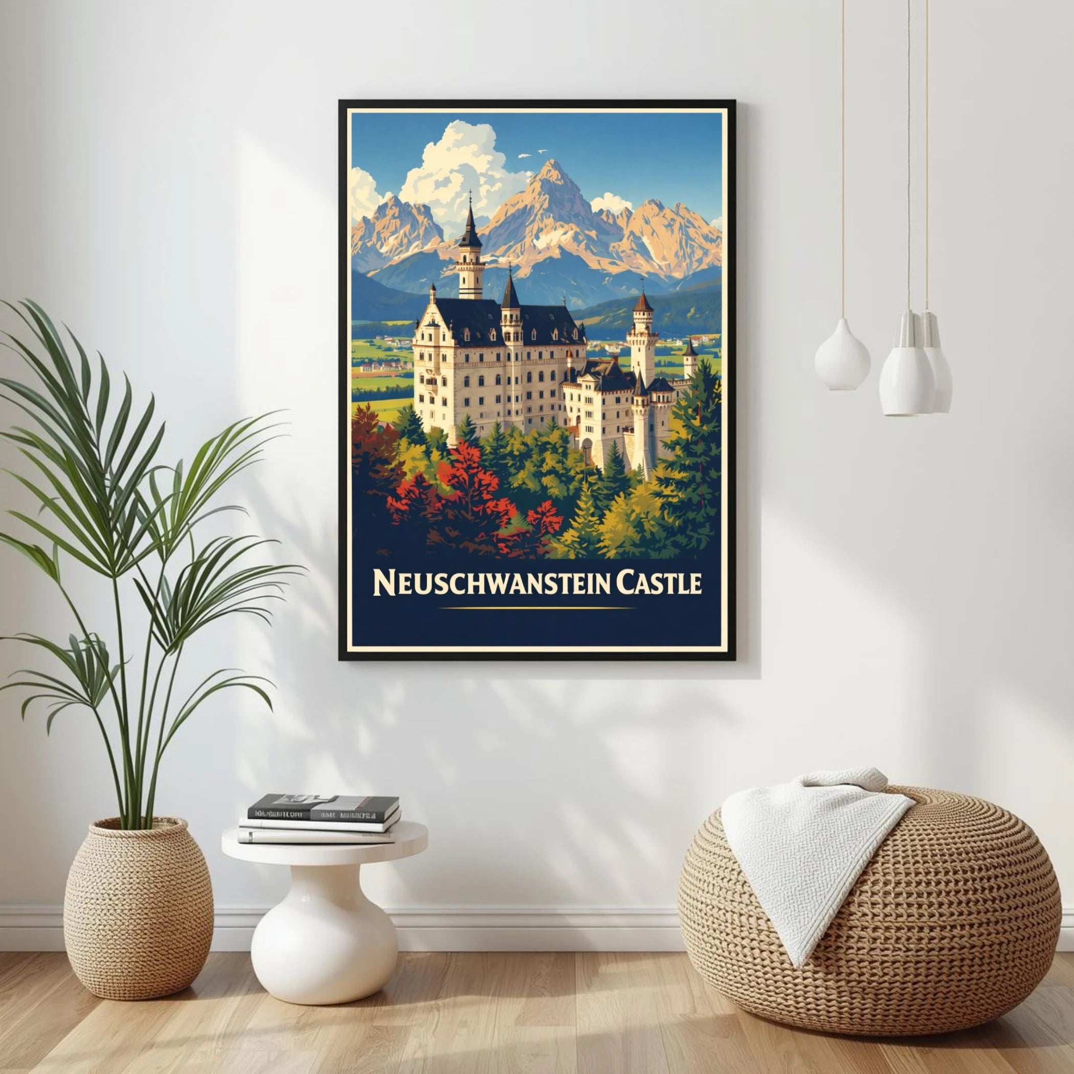 Framed poster of Neuschwanstein Castle in a living room setting with decor elements.