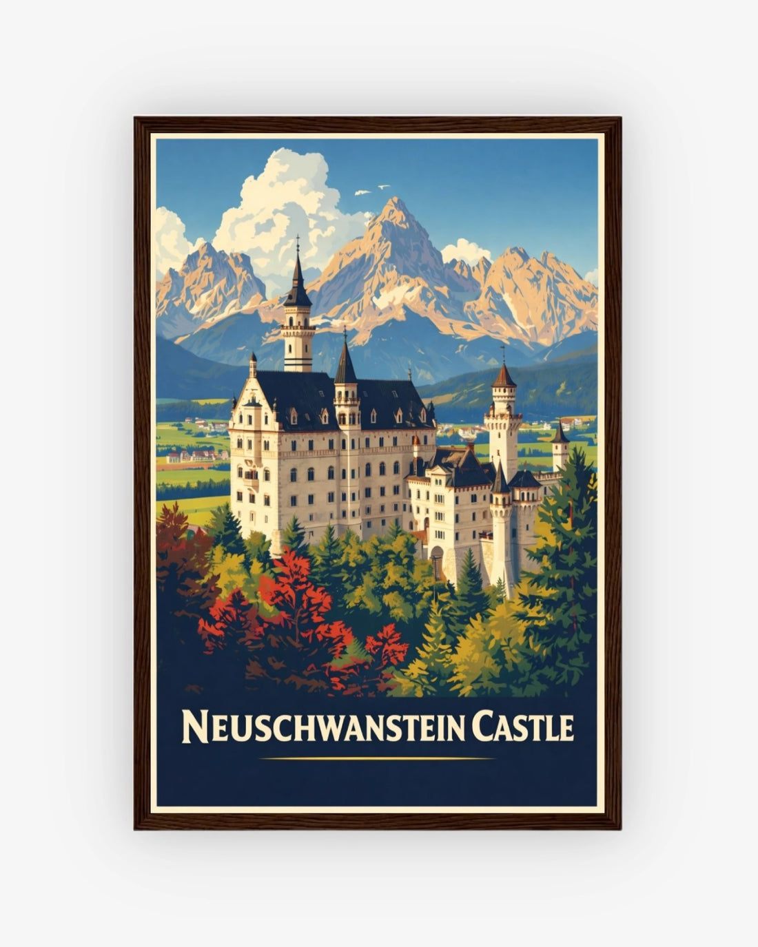 Neuschwanstein Castle travel poster with dark wood frame