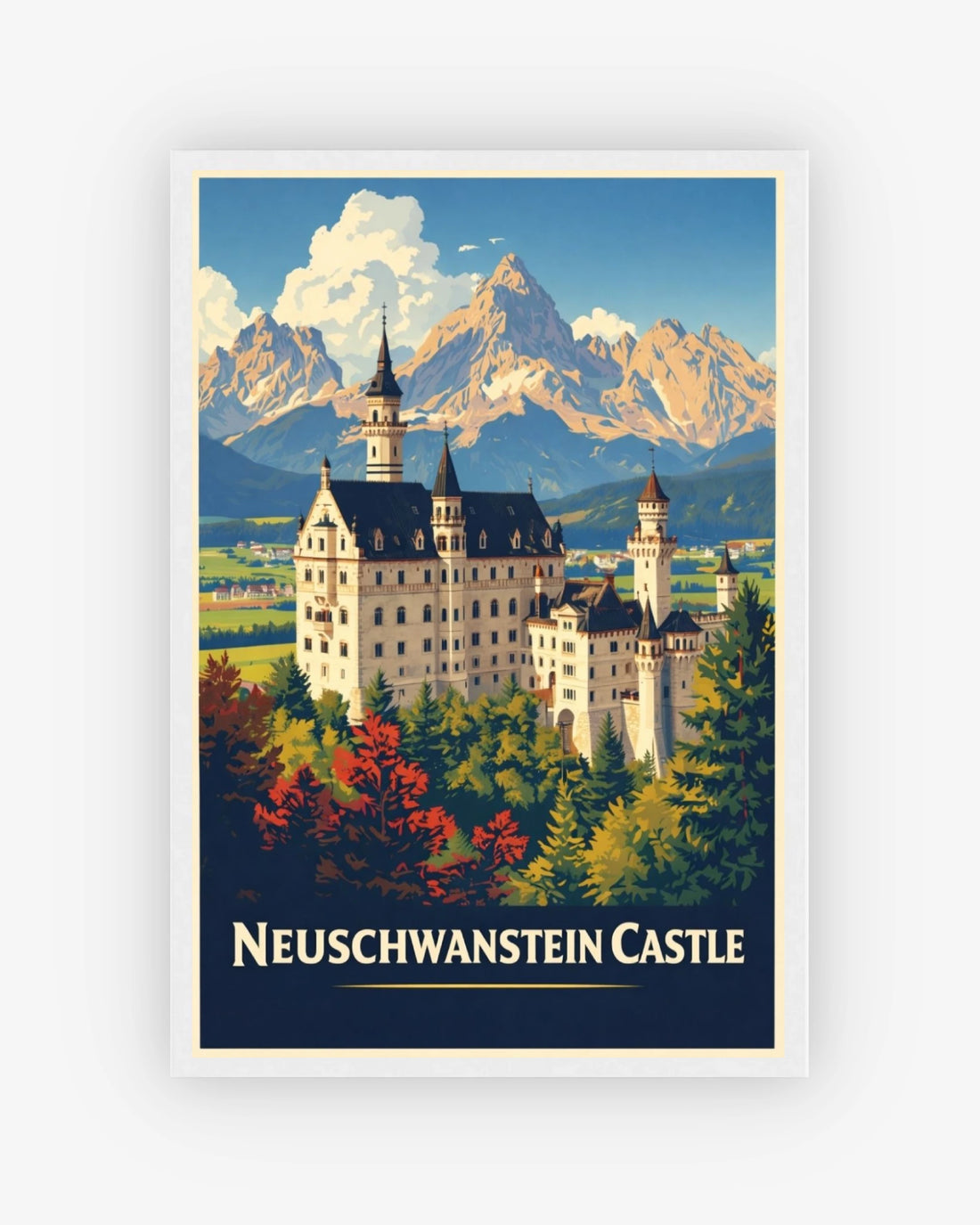 Neuschwanstein Castle travel poster with white frame