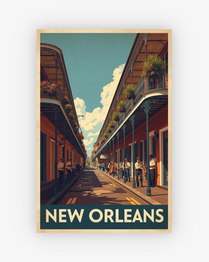 Vintage-style poster of a New Orleans street scene with people walking.