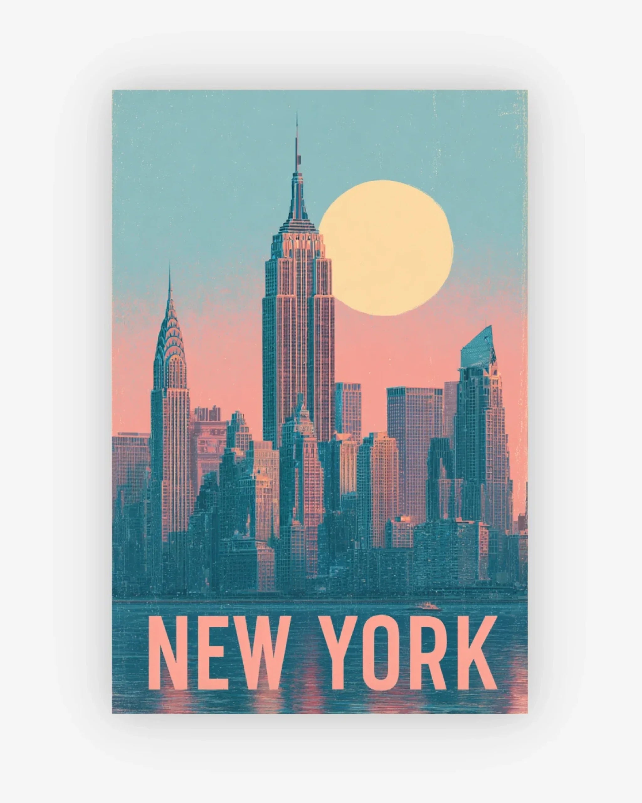 Surreal cityscape with 'New York' text under a large moon.