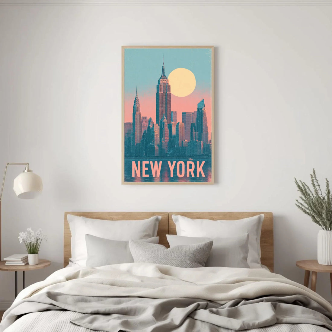 Bedroom with a 'New York' cityscape poster on the wall