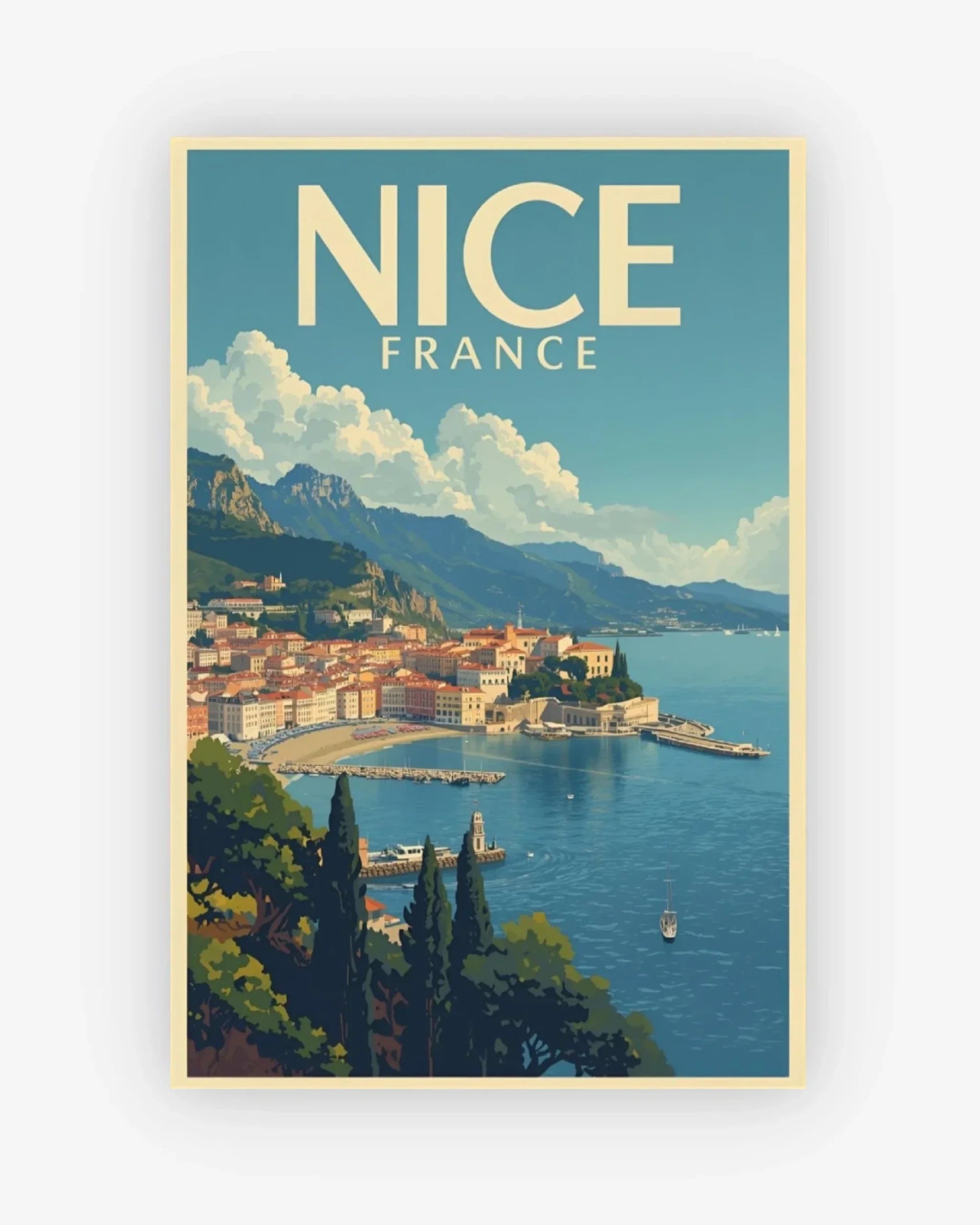 Vintage-style poster of Nice, France with a coastal view and mountainous background.