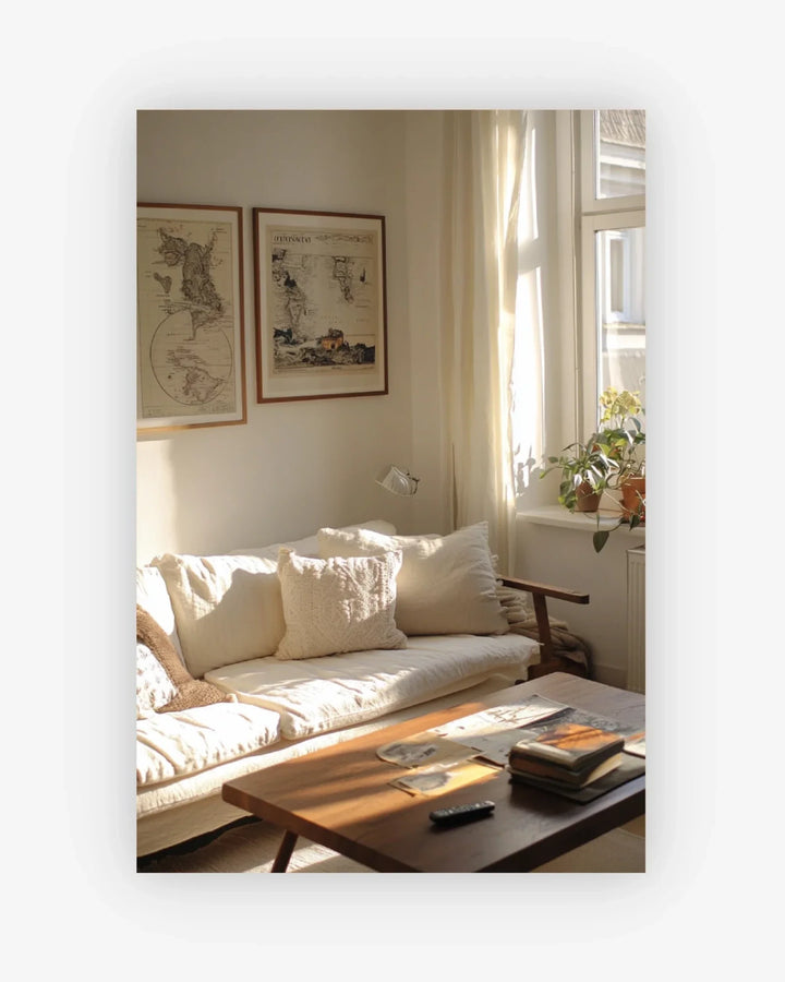 Living room with a white sofa, wooden coffee table, and framed pictures on the wall.