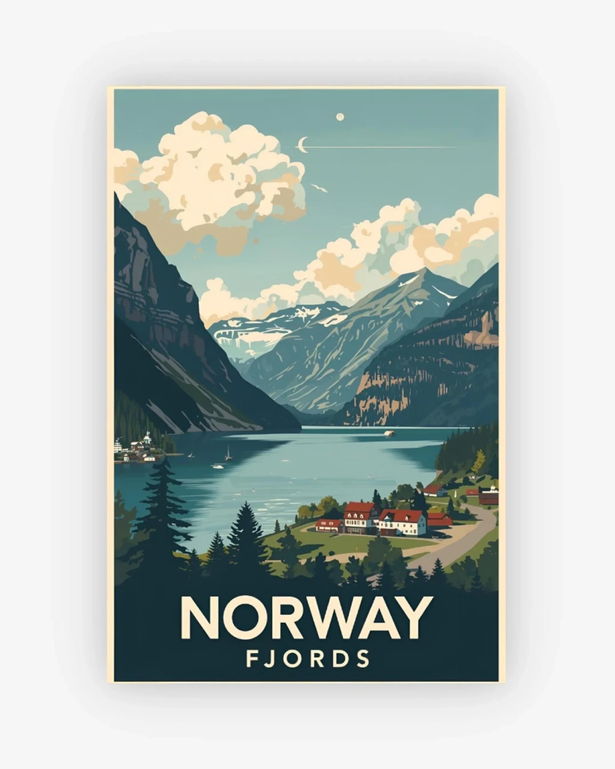 Poster of Norway fjords with mountains, lake, and village.