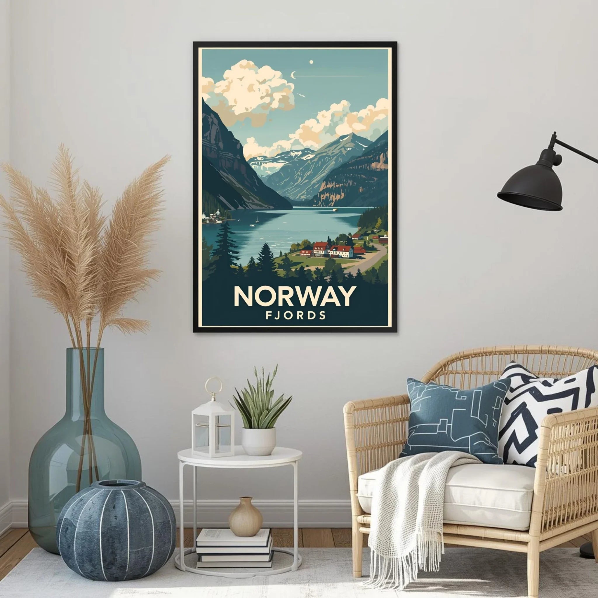 Living room with a framed poster of Norway Fjords, decorative plants, and a couch.
