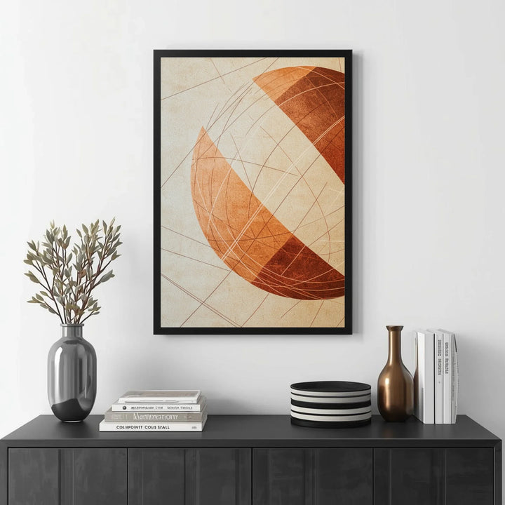 Framed abstract art piece on a wall above a black console table with decorative items.