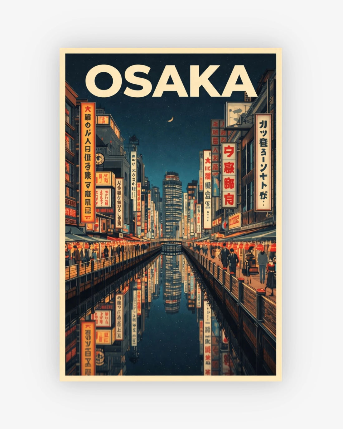 Poster of Osaka with a cityscape at night and illuminated signs.