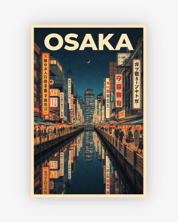 Poster of Osaka with a cityscape at night and illuminated signs.