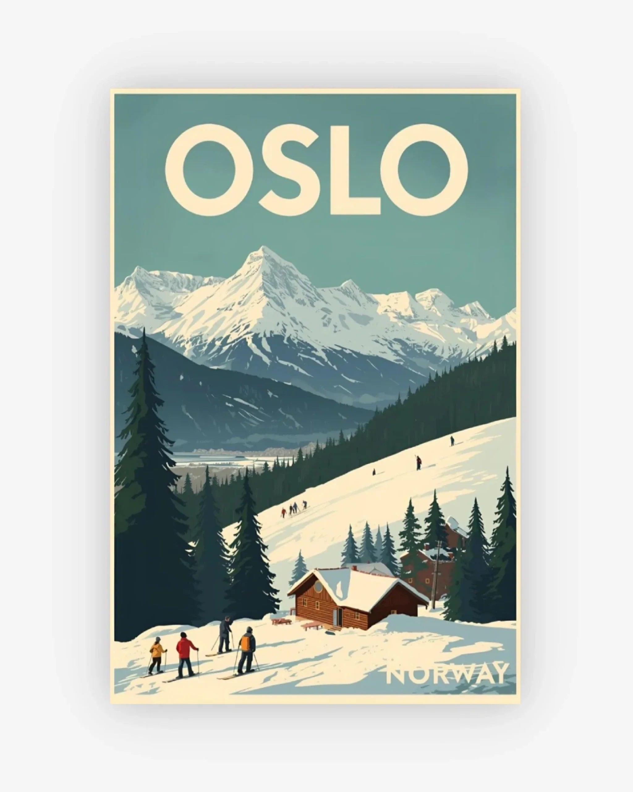 Vintage-style poster of Oslo, Norway with mountains and people skiing.