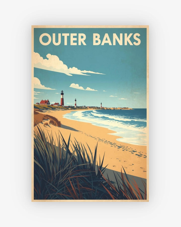 Poster of Outer Banks with a lighthouse and beach scene.