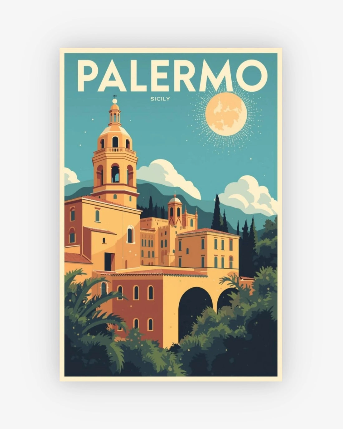 Vintage-style poster of a building in Palermo, Sicily with a blue sky and sun.