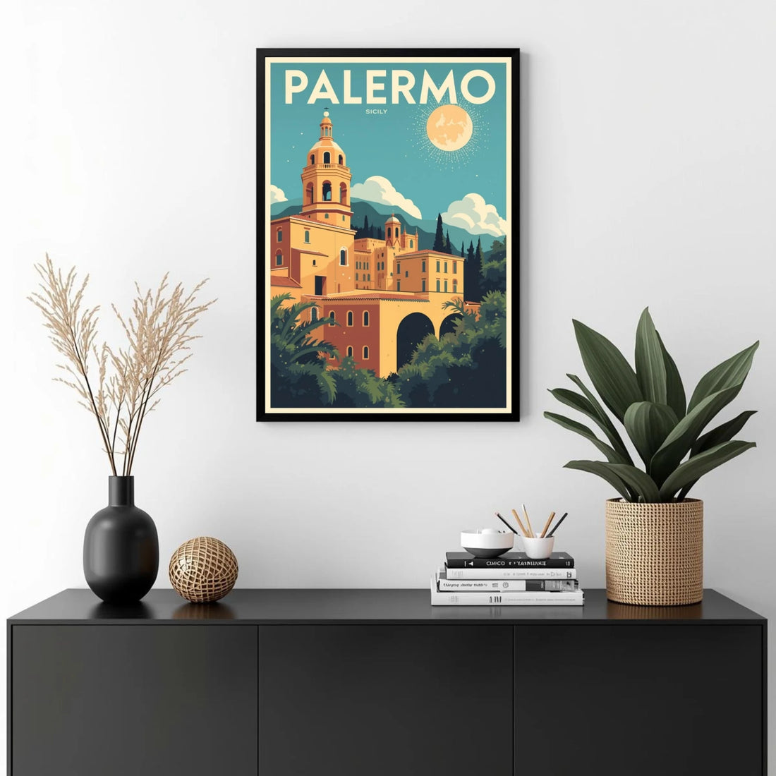 Framed poster of Palermo with decorative items on a black console table.