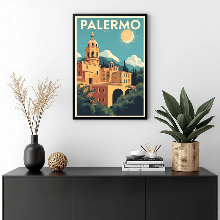 Framed poster of Palermo with decorative items on a black console table.