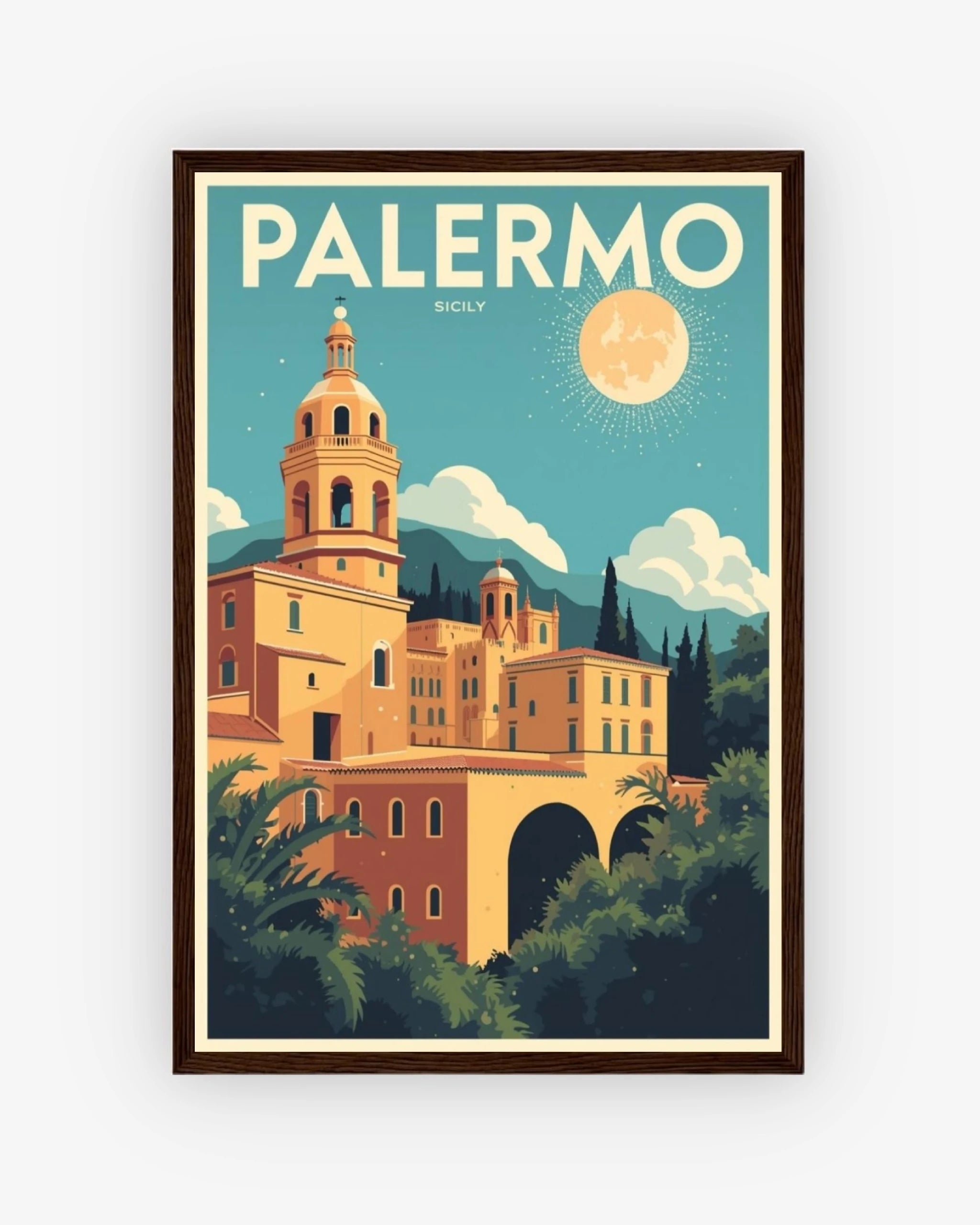 Palermo Sicily travel poster with dark wood frame