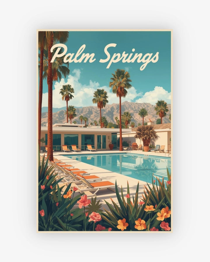 Vintage-style poster of a pool scene with palm trees and 'Palm Springs' text.