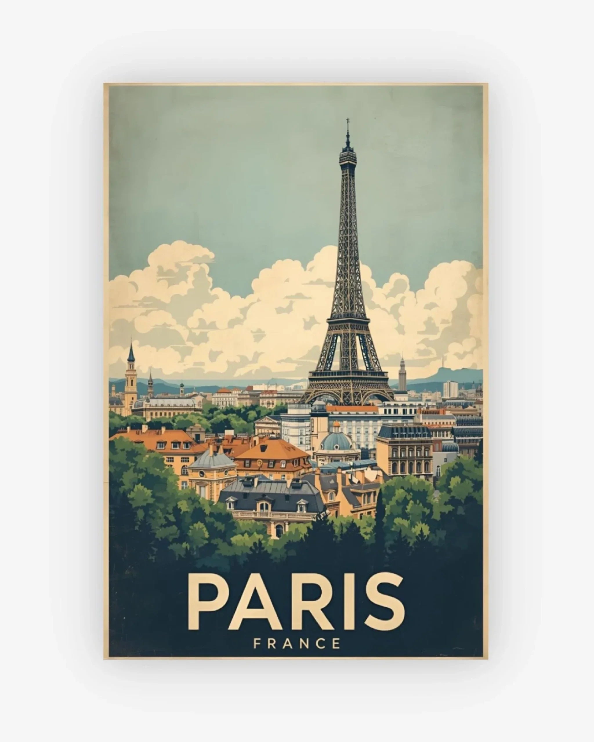Vintage-style poster of Paris with the Eiffel Tower and cityscape.