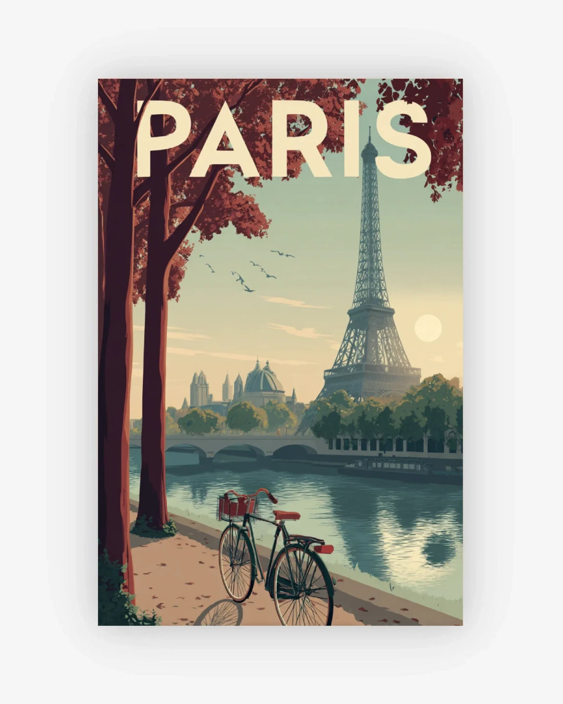 Vintage-style poster of Paris with the Eiffel Tower and a bicycle by a river.