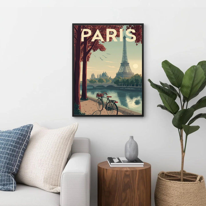 Poster of Paris with Eiffel Tower in a living room setting